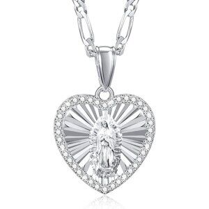 Catholic Virgin Mary Necklace 14K Gold Heart Zirconia Guadalupe Pendant Women